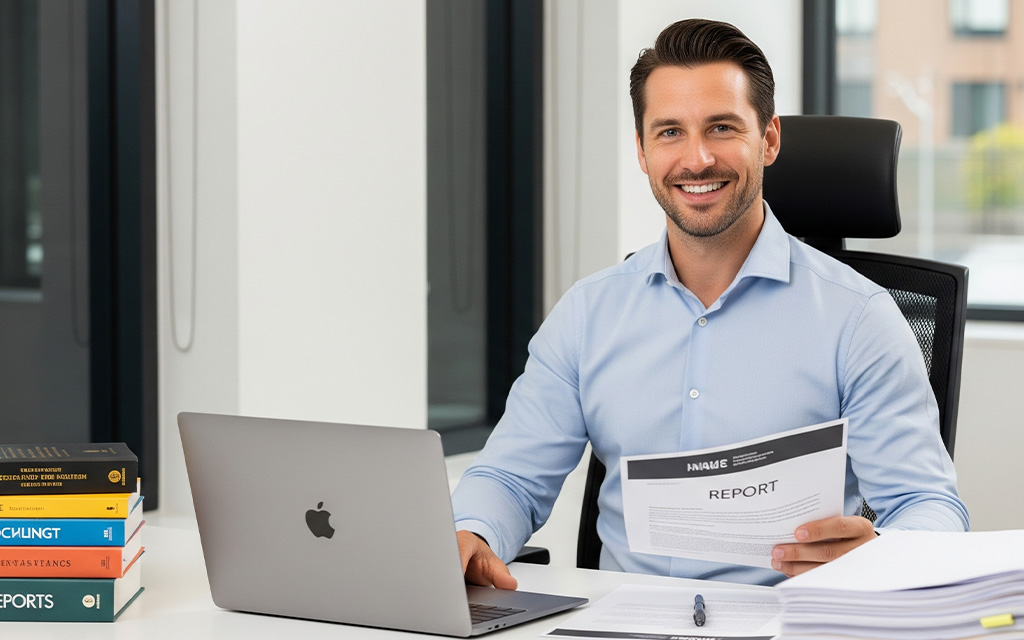 Administration professional holding a report in an office